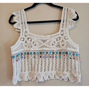 Rebellion Again Crochet Top Womens Large Boho Festival Beaded Tank Sweater